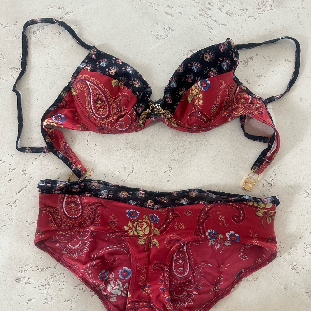 Dior Red Paisley Swim Top with Black Trim